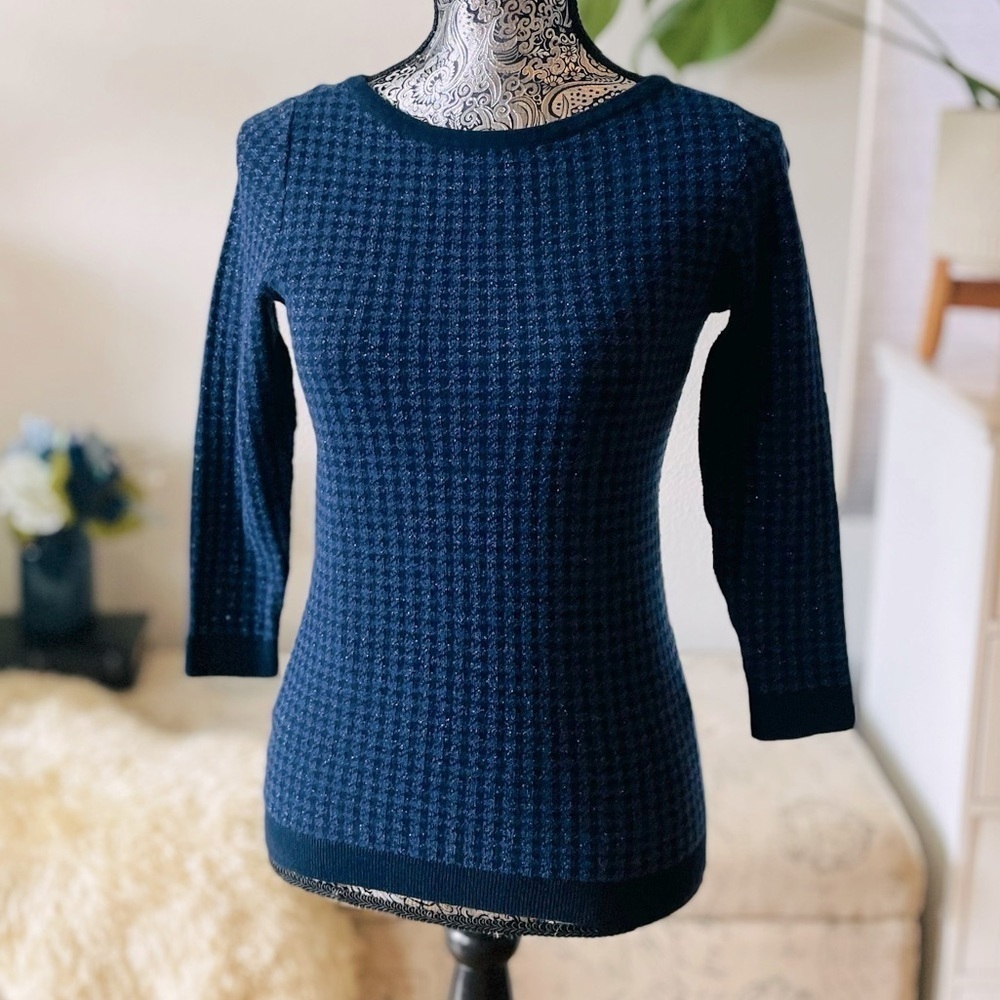 Ann Taylor Houndstooth Sparkle 3/4 Sleeve Crewneck Sweater
